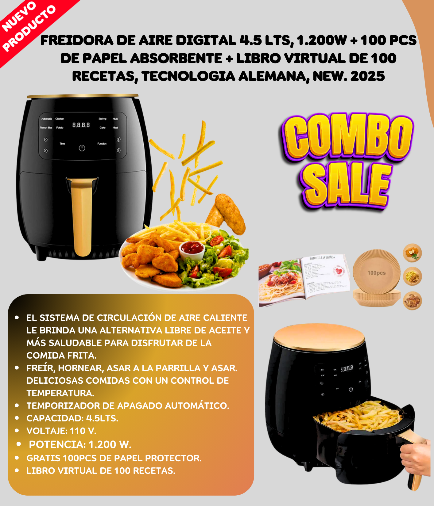 Freidora Aire4.5L Blueroad Rece Vir +pro